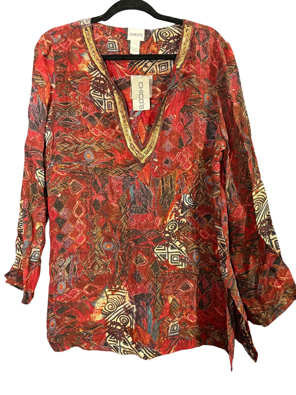 Chico's Red Multi-Pattern V-Neck Tunic with Metallic Trim NWT